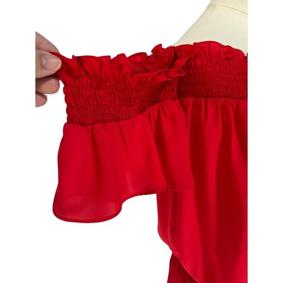 Amanda Uprichard Off Shoulder Smock Waist Red Lined Mini Dress Measures Sml/Med - Picture 9 of 11